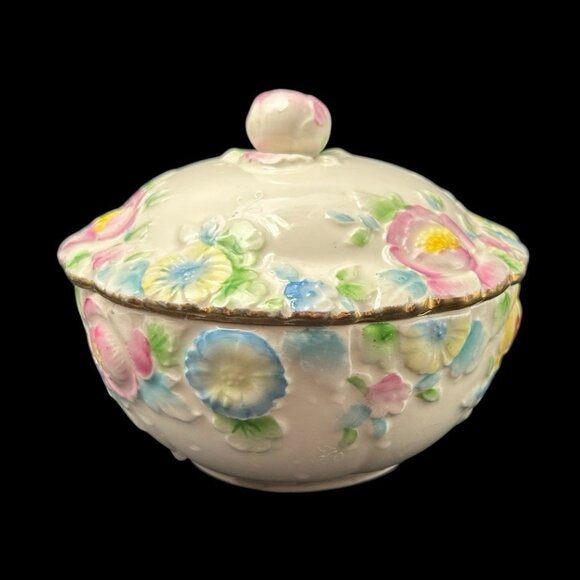 Vintage Japanese Hand Painted Raised Floral Lidded Powder Dresser Jar Ceramic 5" - Picture 1 of 10